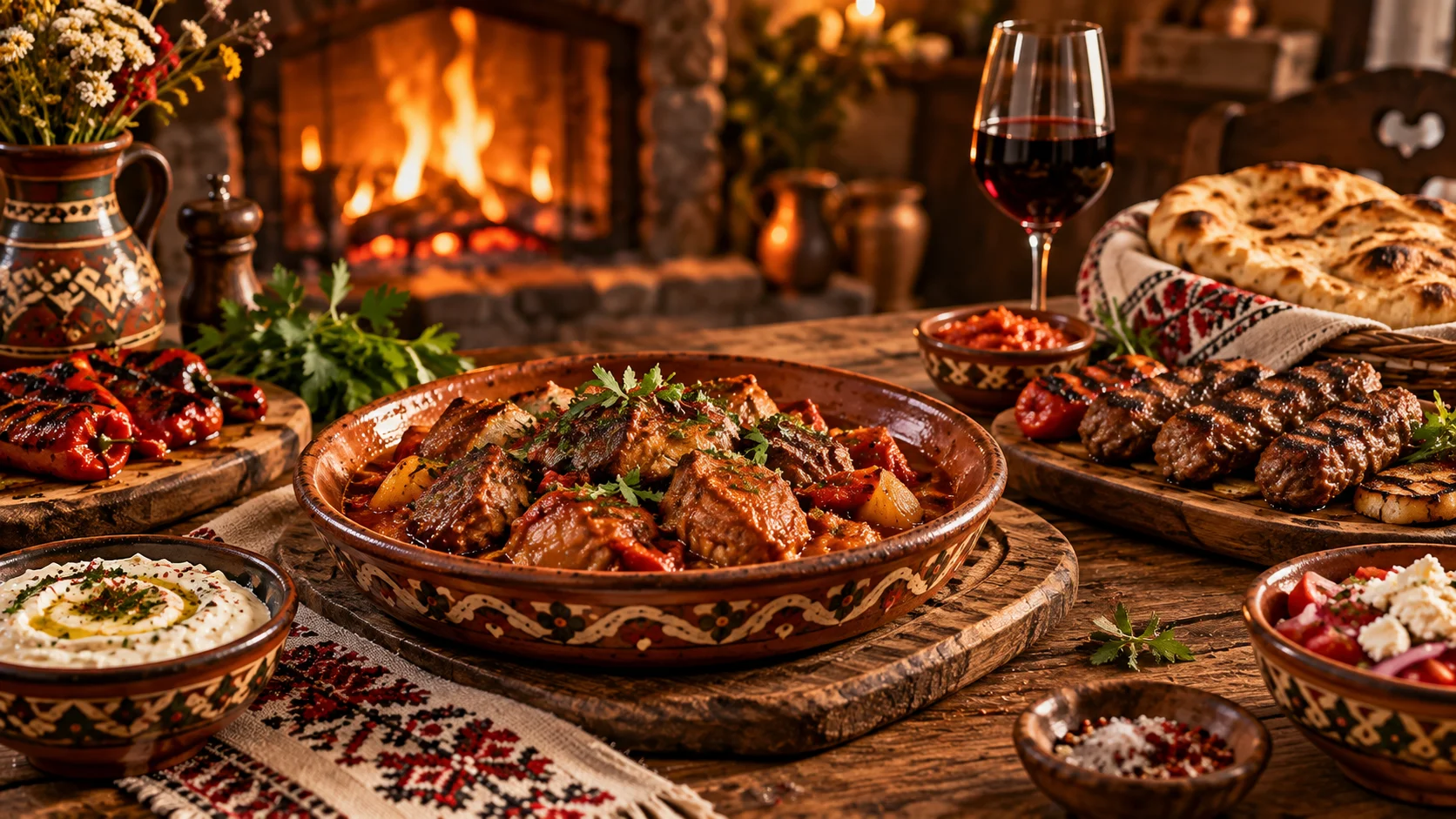 Balkan dishes, fresh bread and red wine beside a glowing fireplace