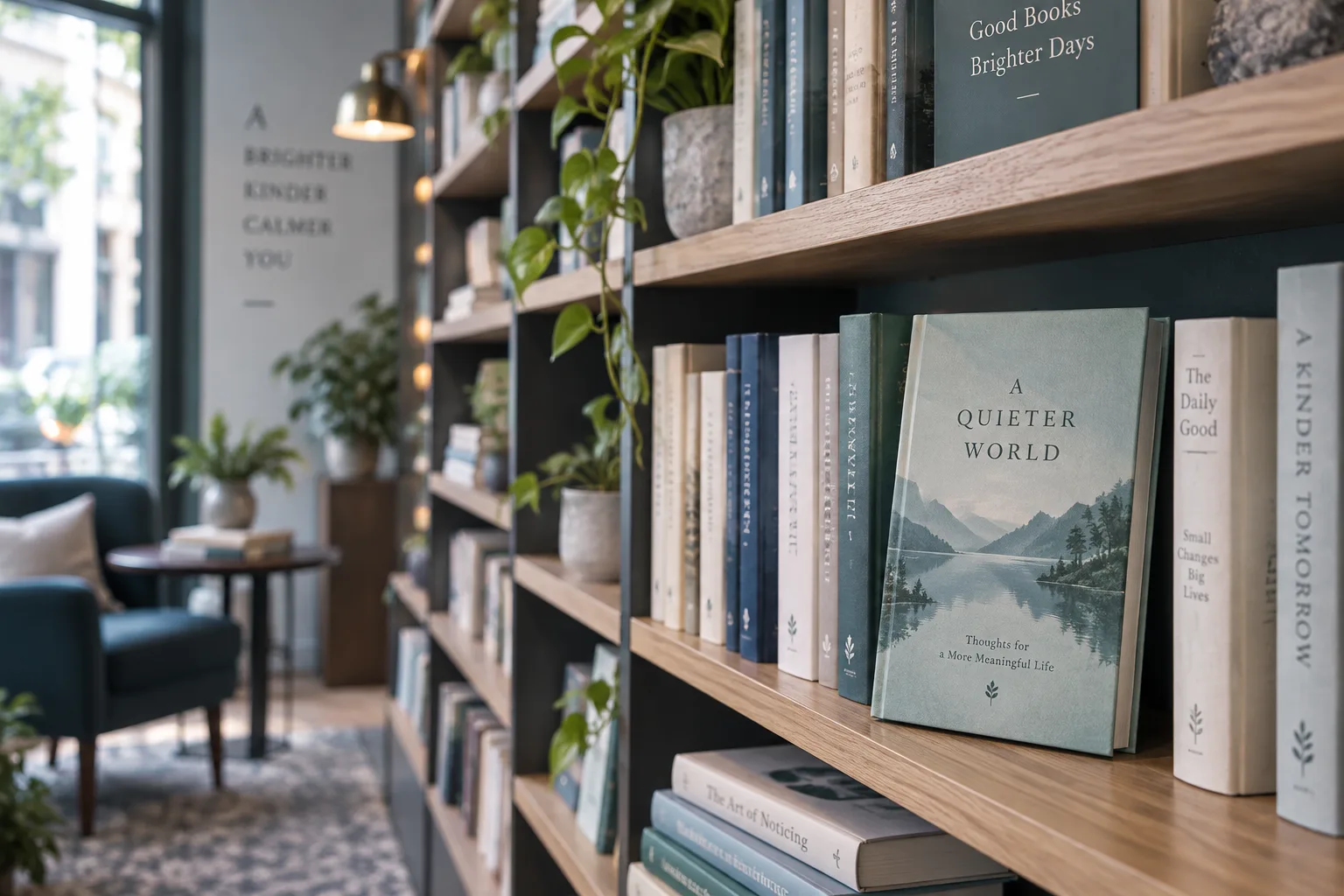 Books and plants on wooden shelves in a welcoming library