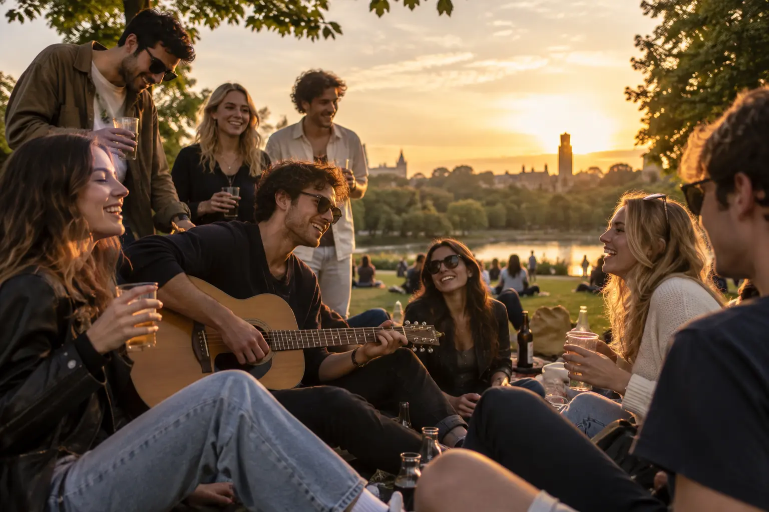 Friends gathered around an acoustic guitarist in Hyde Park at sunset