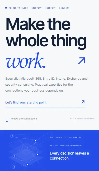 LayerPoint website with bold typography and a blue diagram connecting Microsoft systems