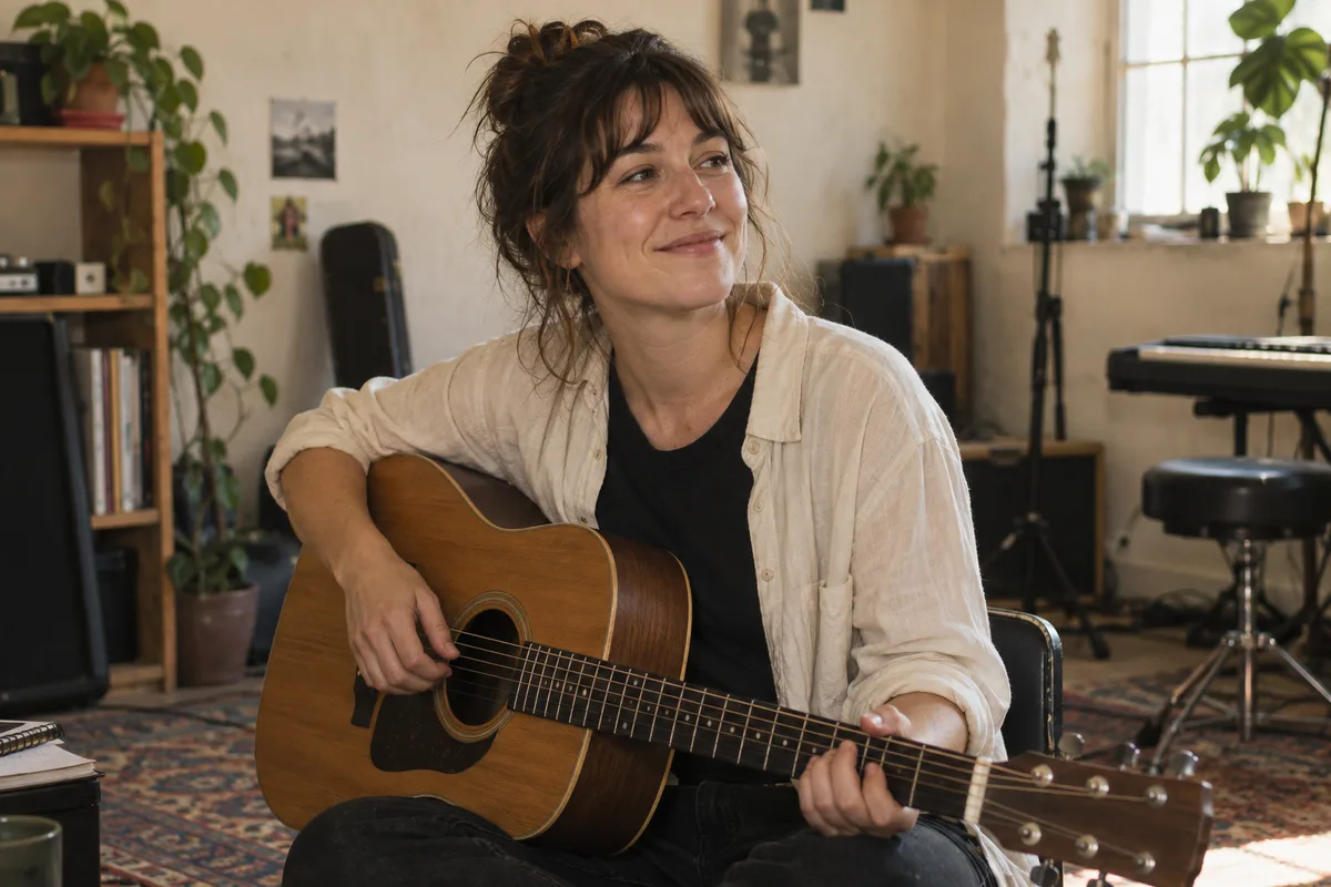 An independent musician with an acoustic guitar during a relaxed rehearsal break