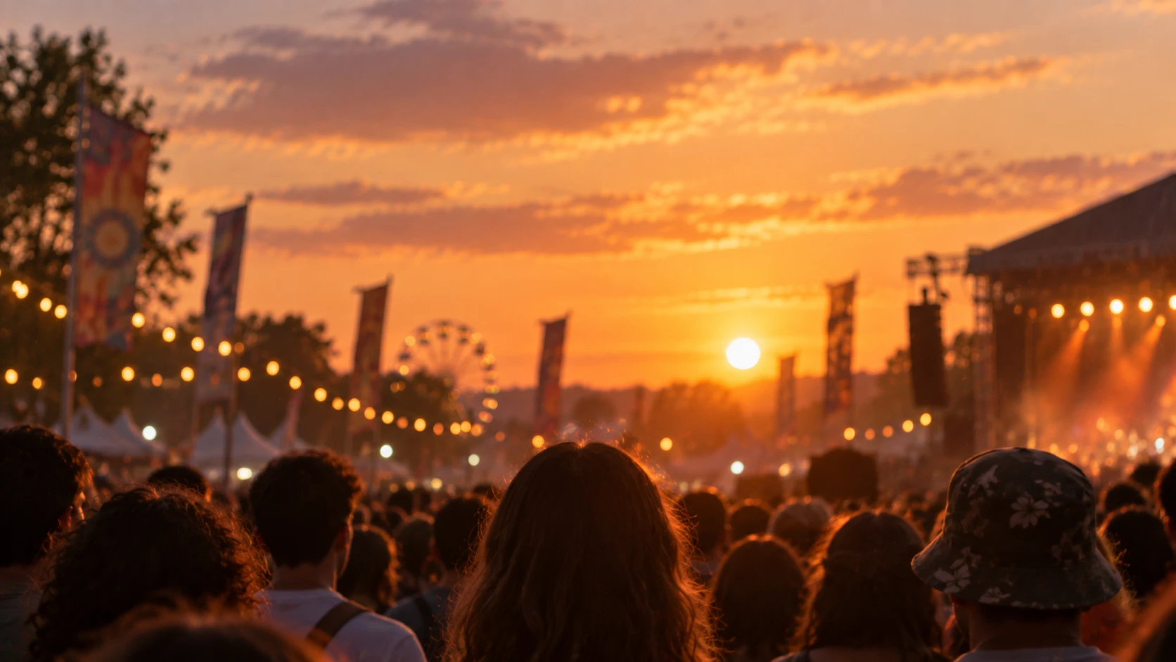 Crowd gathered at a live music event at sunset