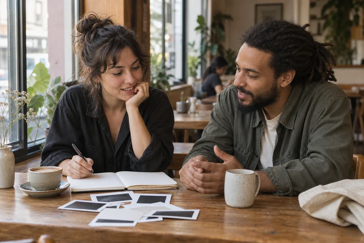 Two event organisers sharing ideas over a notebook and prints at a café table