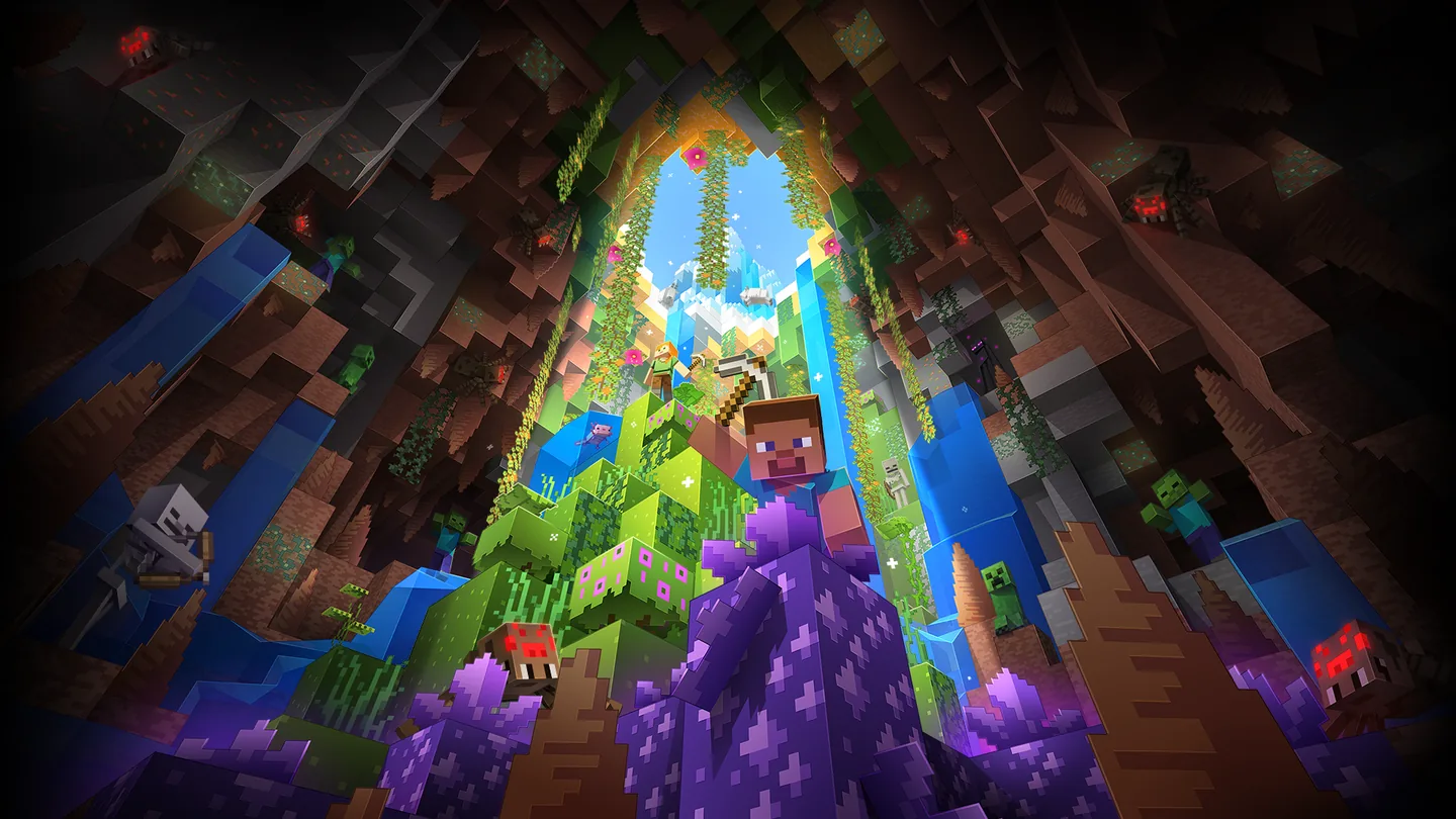 Minecraft characters exploring a bright underground world